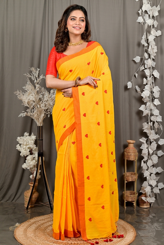 Yellow Pure Cotton Dhrli Embroidery Handloom saree (2983)
