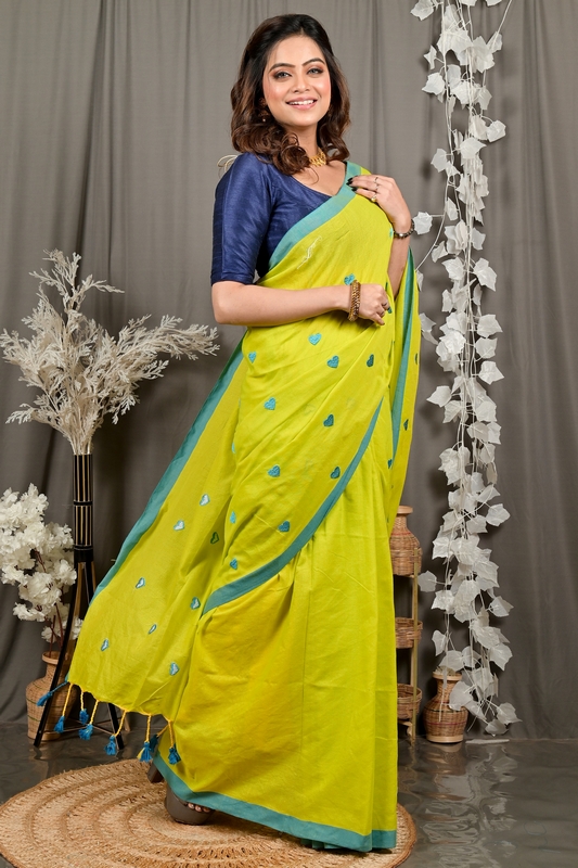 Lime Green Pure Cotton Dhrli Embroidery Handloom saree (2984)