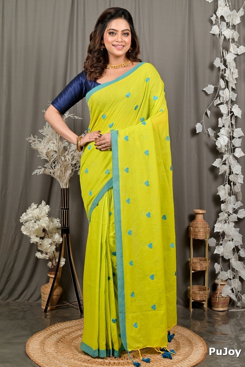 Lime Green Pure Cotton Dhrli Embroidery Handloom saree (2984)