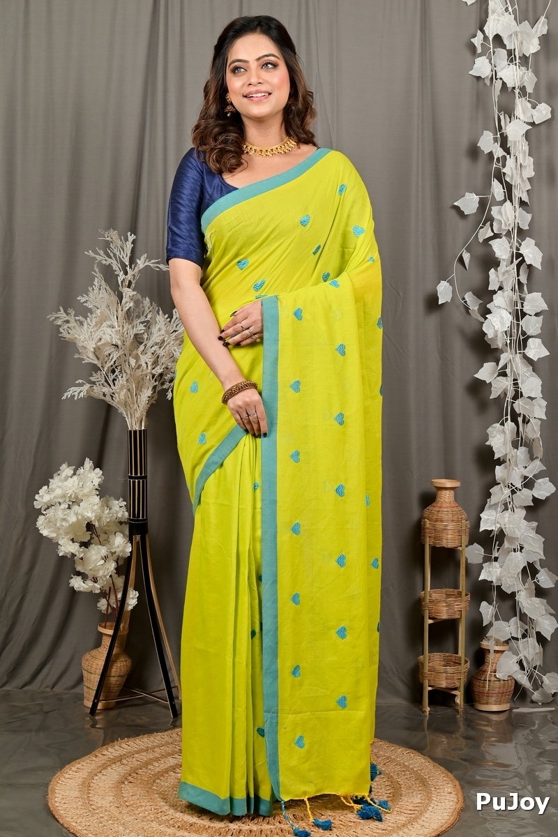 Lime Green Pure Cotton Dhrli Embroidery Handloom saree (2984)