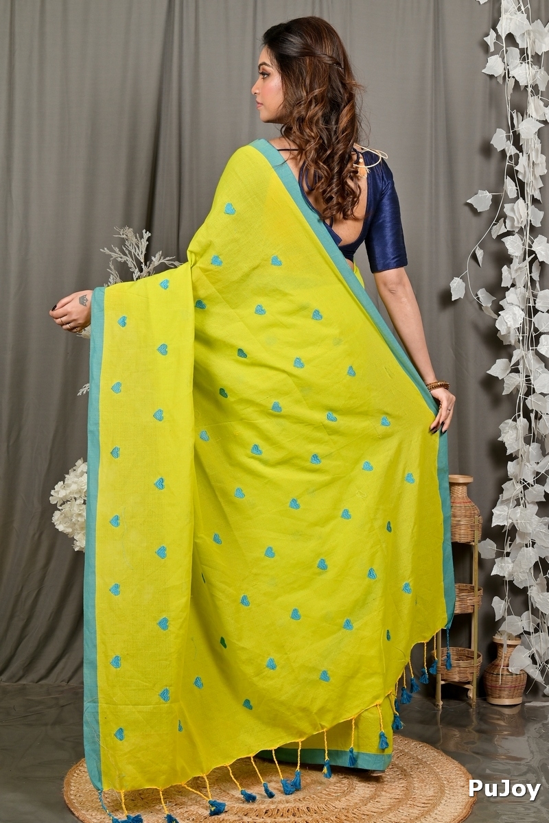 Lime Green Pure Cotton Dhrli Embroidery Handloom saree (2984)