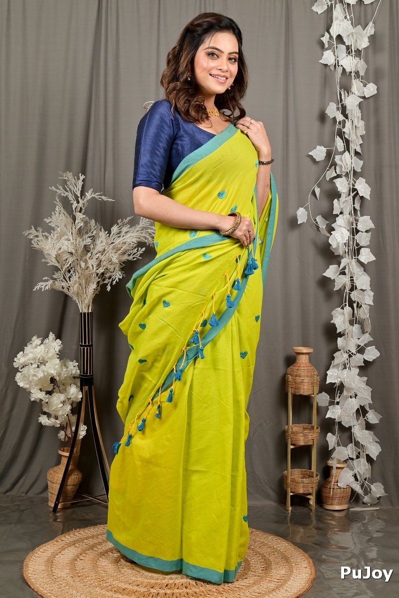 Lime Green Pure Cotton Dhrli Embroidery Handloom saree (2984)