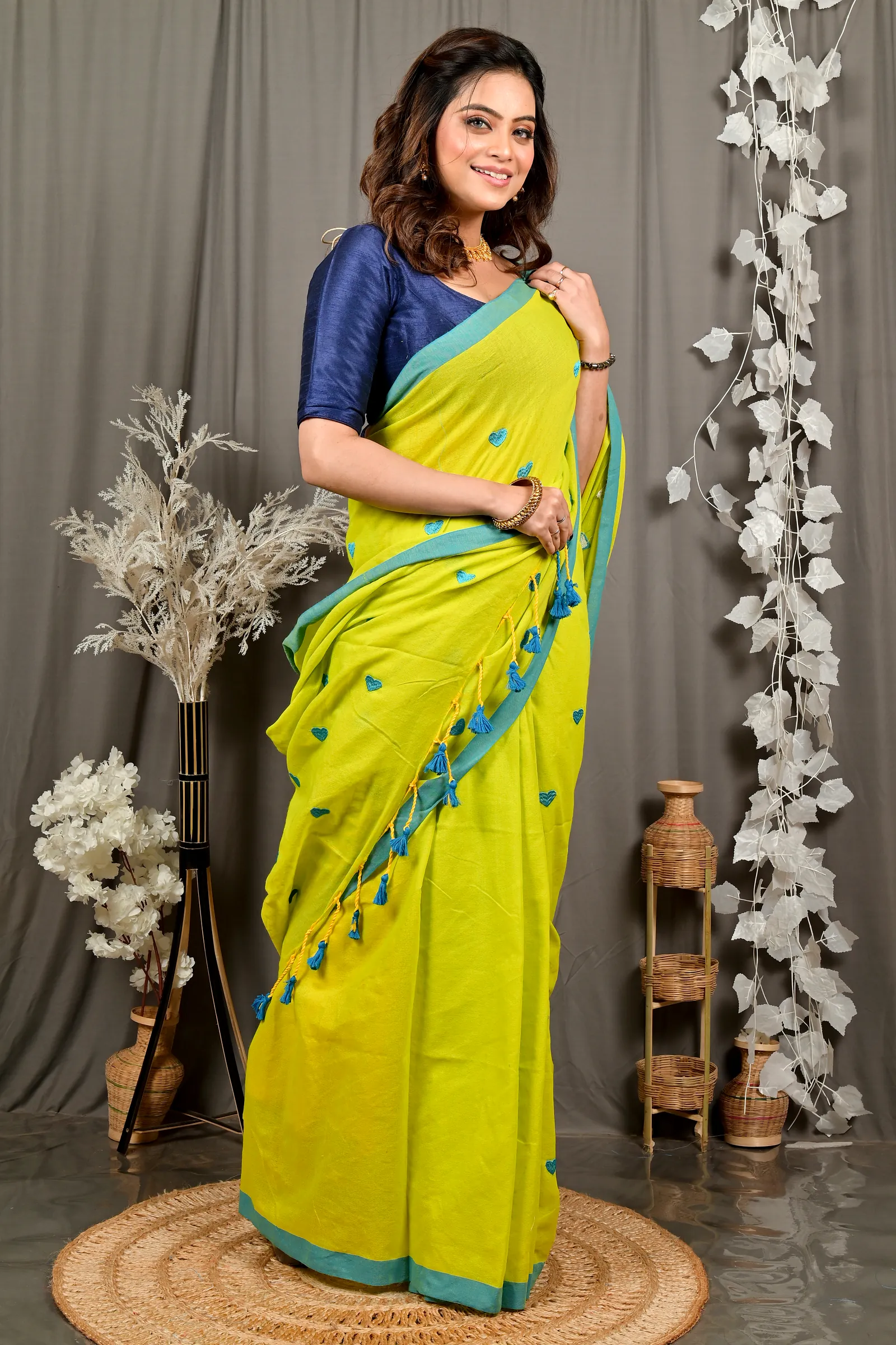 Lime Green Pure Cotton Dhrli Embroidery Handloom saree (2984)