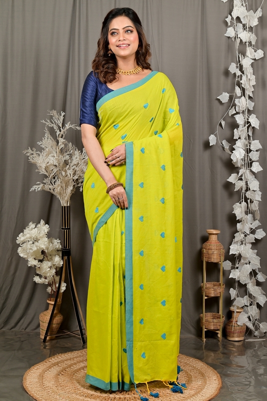 Lime Green Pure Cotton Dhrli Embroidery Handloom saree (2984)