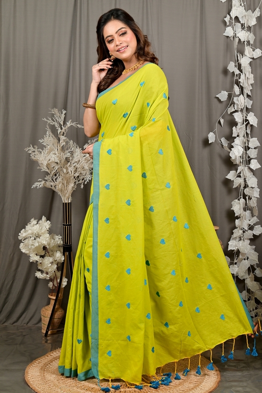 Lime Green Pure Cotton Dhrli Embroidery Handloom saree (2984)
