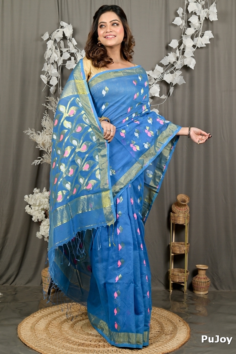 Sky Blue Cotton Blend Dhrum Hand Loom Saree (2985)