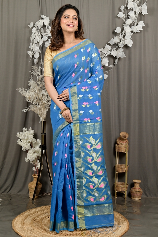 Sky Blue Cotton Blend Dhrum Hand Loom Saree (2985)