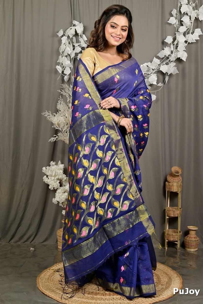Naby Blue Cotton Blend Dhrum Hand Loom Saree (2986)