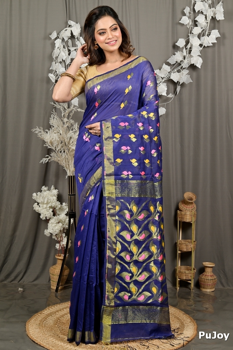 Naby Blue Cotton Blend Dhrum Hand Loom Saree (2986)