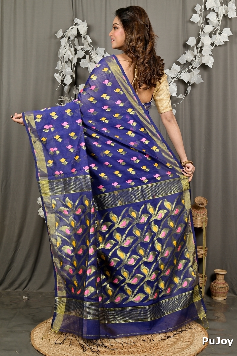 Naby Blue Cotton Blend Dhrum Hand Loom Saree (2986)