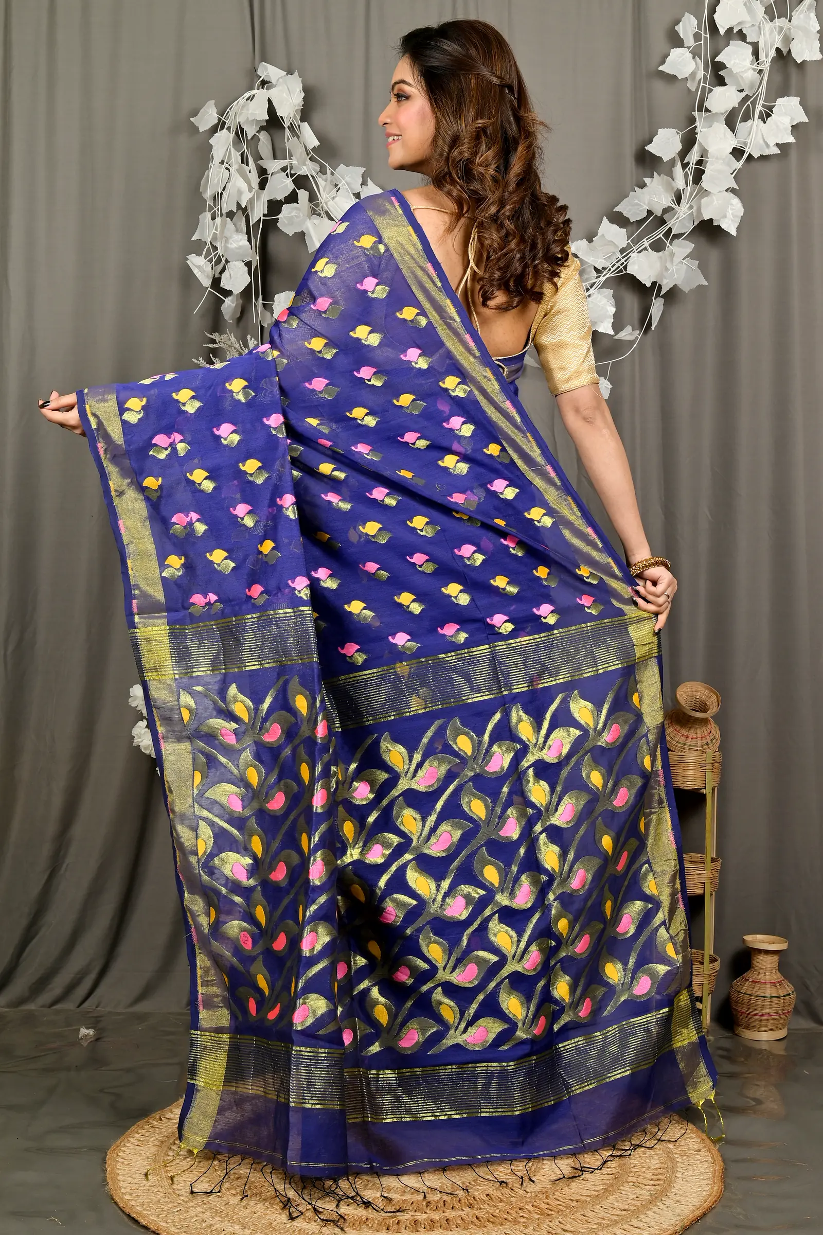 Naby Blue Cotton Blend Dhrum Hand Loom Saree (2986)