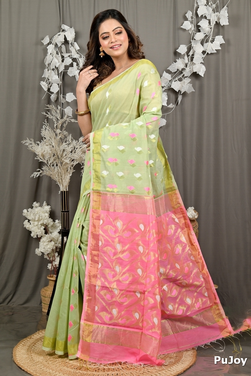 Light Green Pink Cotton Blend Dhrum Hand Loom Saree (2987)