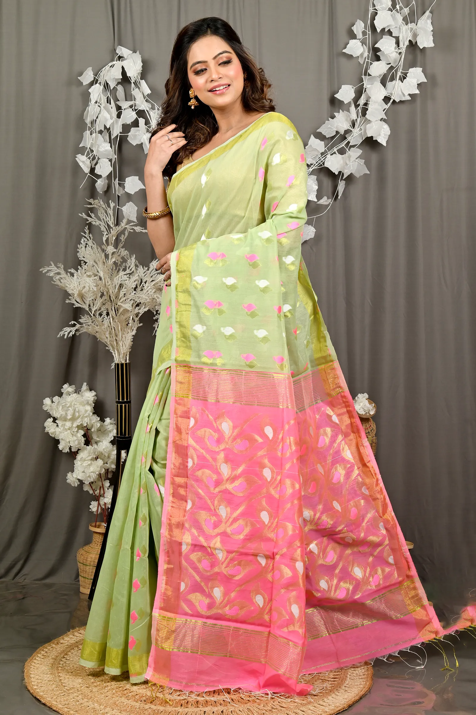 Light Green Pink Cotton Blend Dhrum Hand Loom Saree (2987)