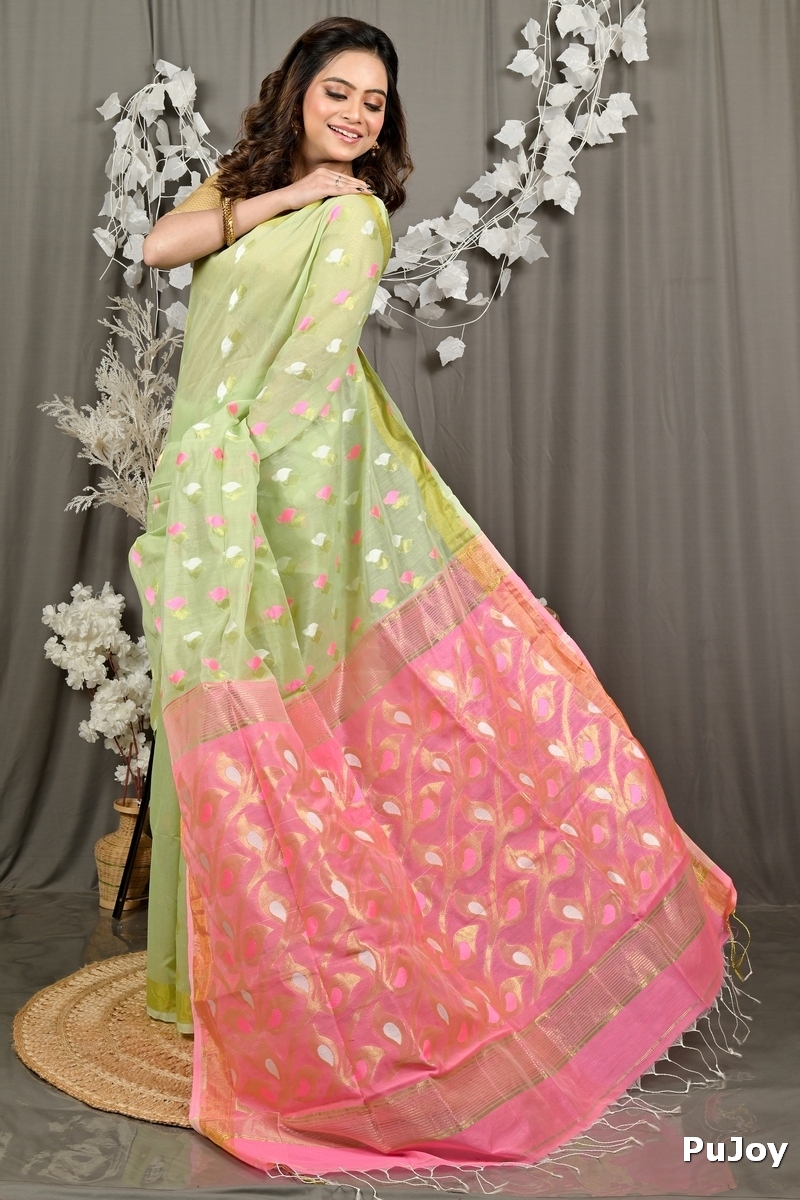 Light Green Pink Cotton Blend Dhrum Hand Loom Saree (2987)