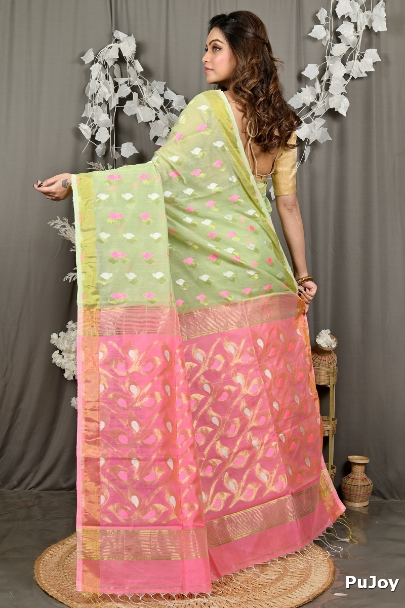 Light Green Pink Cotton Blend Dhrum Hand Loom Saree (2987)