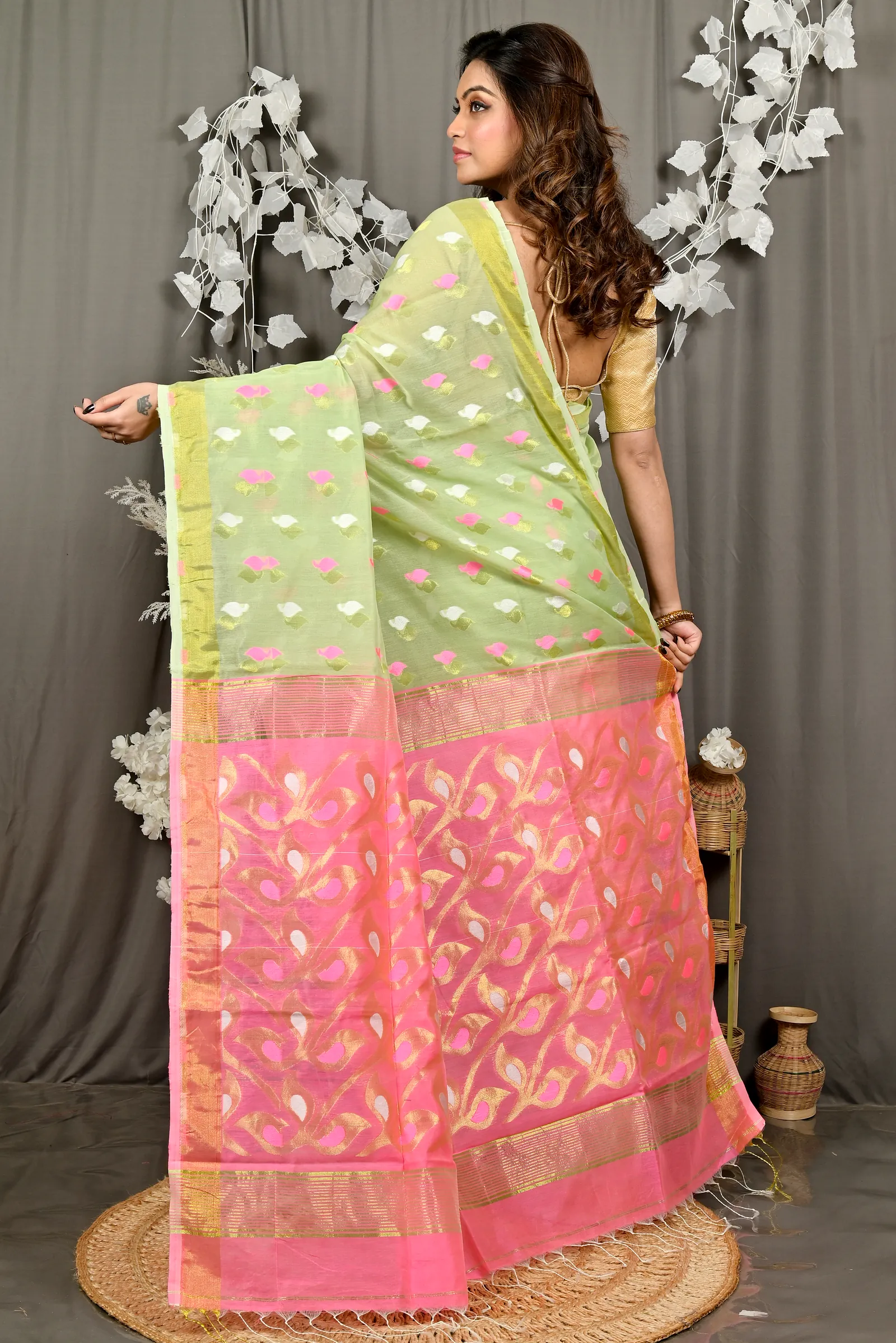 Light Green Pink Cotton Blend Dhrum Hand Loom Saree (2987)