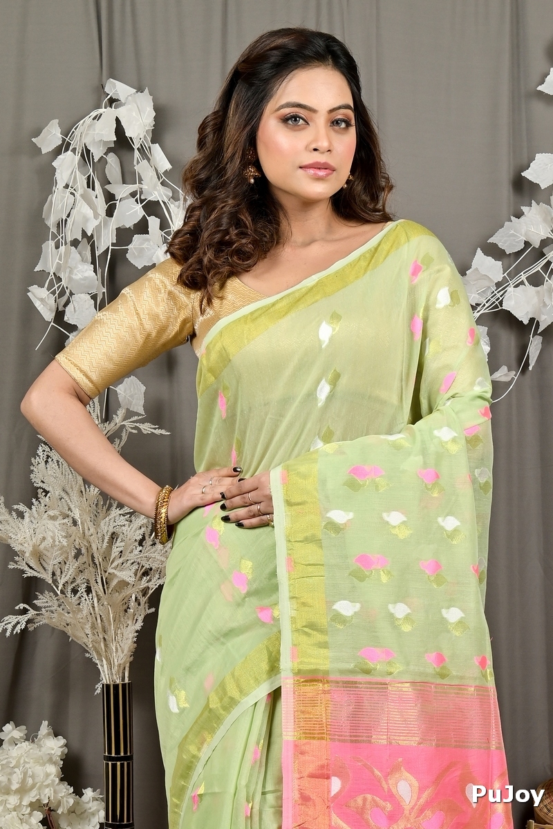 Light Green Pink Cotton Blend Dhrum Hand Loom Saree (2987)