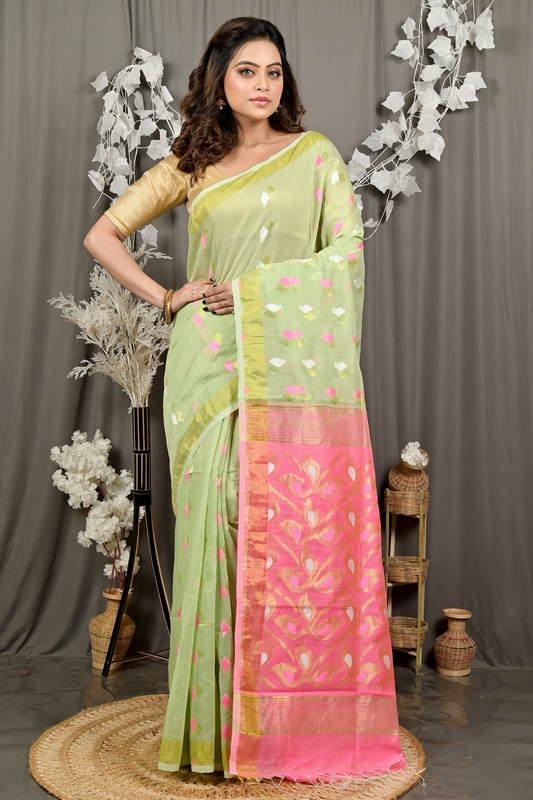 Light Green Pink Cotton Blend Dhrum Hand Loom Saree (2987)