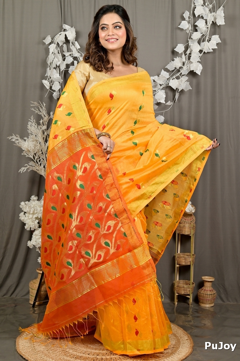 Yellow Red Cotton Blend Dhrum Hand Loom Saree (2988)