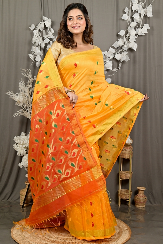 Yellow Red Cotton Blend Dhrum Hand Loom Saree (2988)
