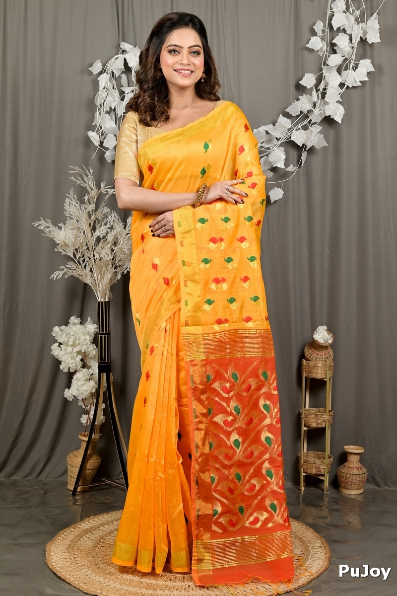Yellow Red Cotton Blend Dhrum Hand Loom Saree (2988)
