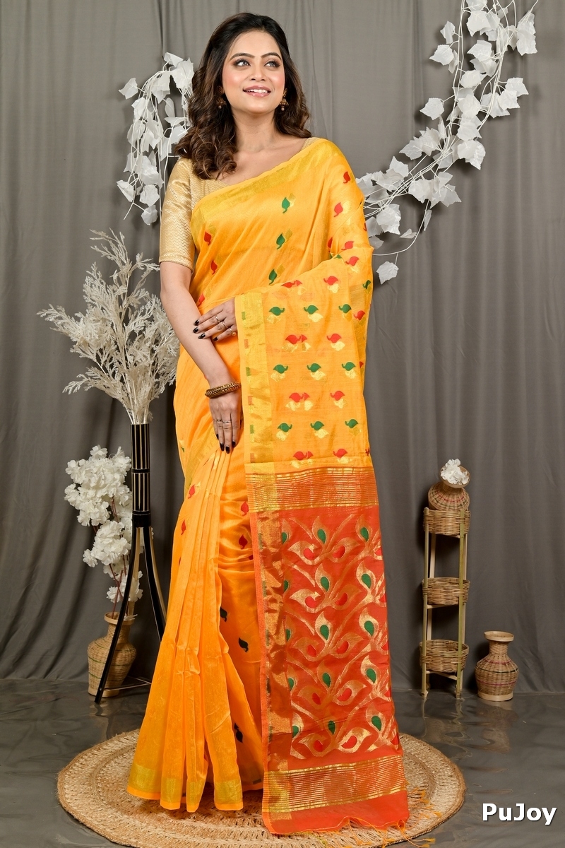 Yellow Red Cotton Blend Dhrum Hand Loom Saree (2988)