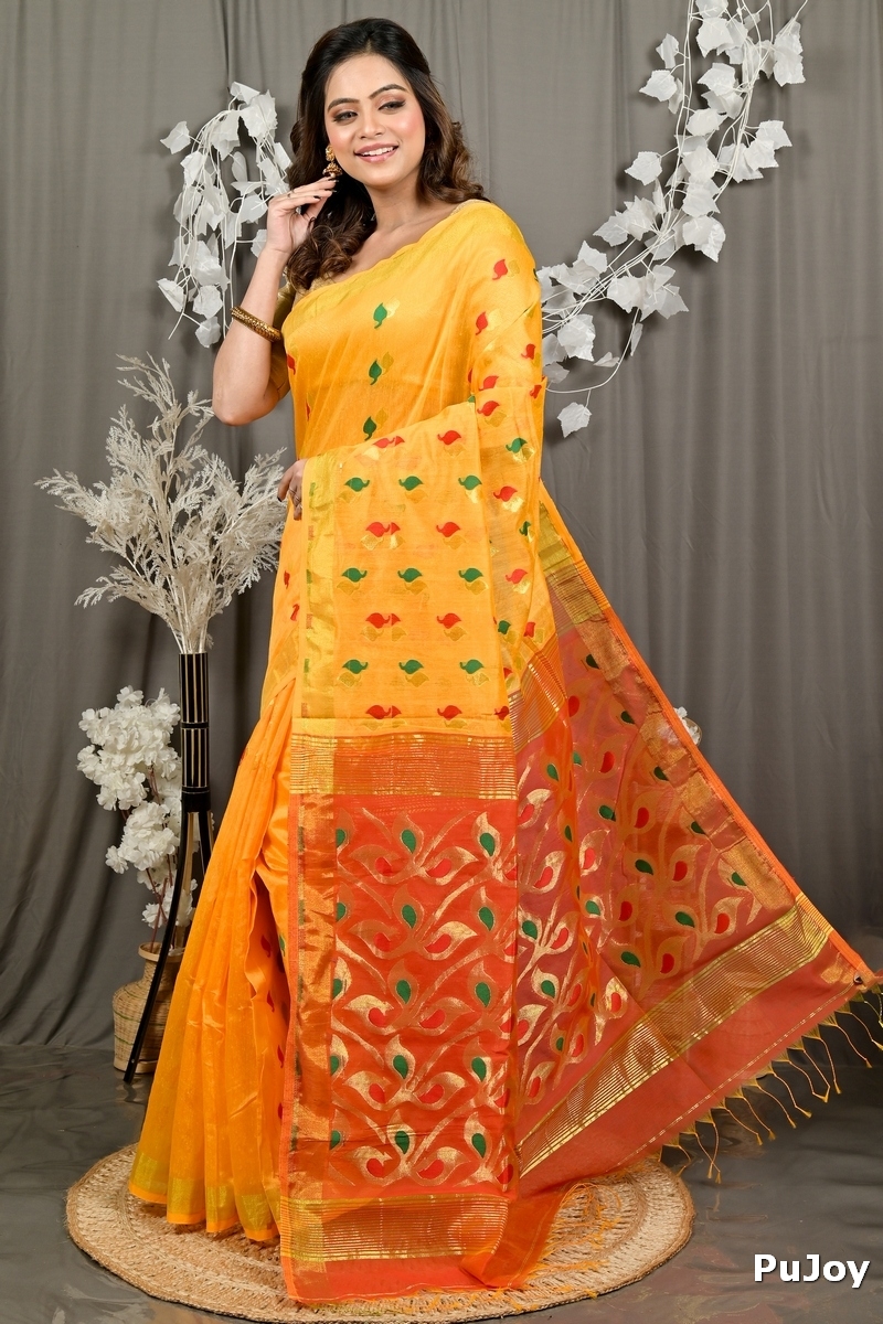 Yellow Red Cotton Blend Dhrum Hand Loom Saree (2988)