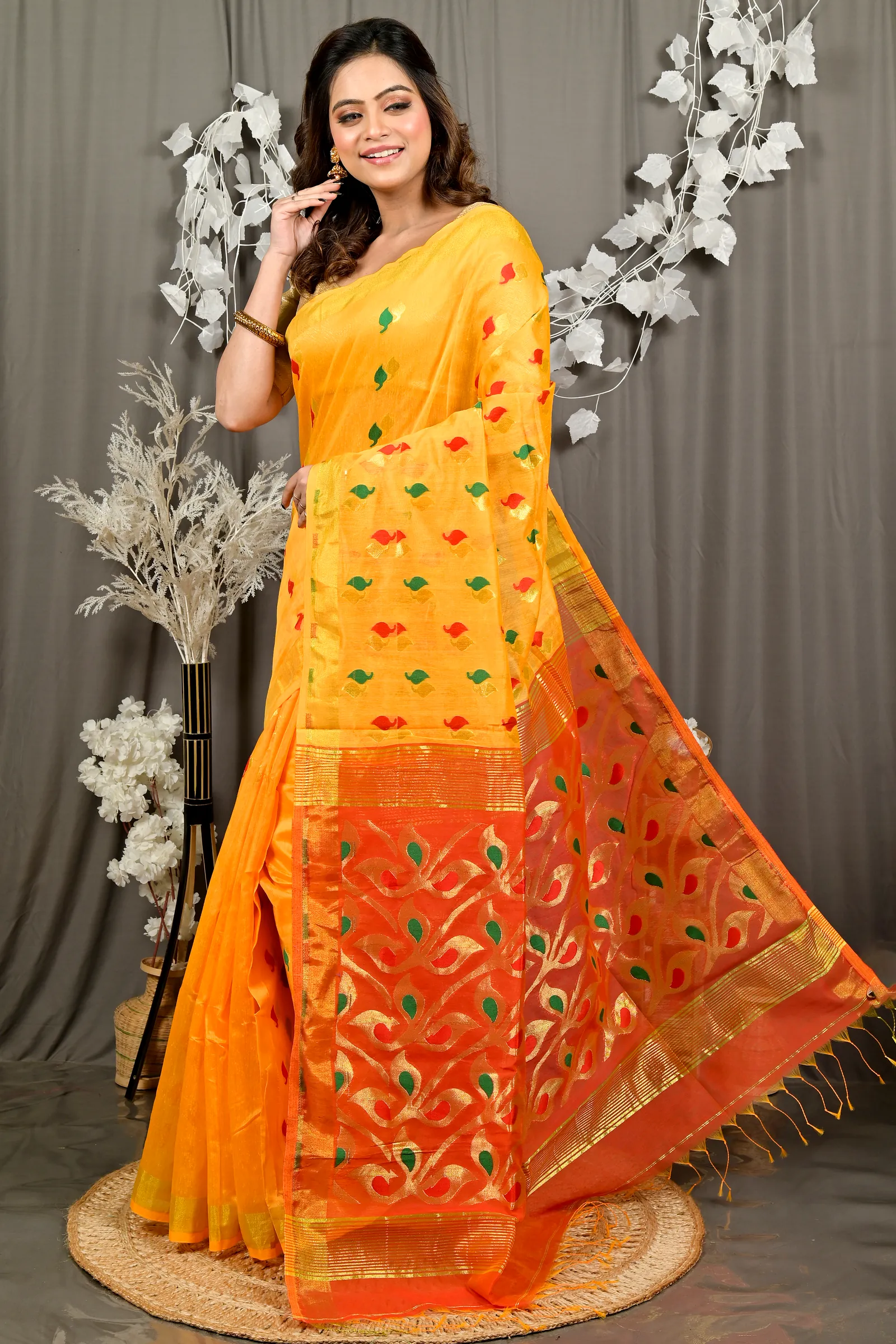 Yellow Red Cotton Blend Dhrum Hand Loom Saree (2988)