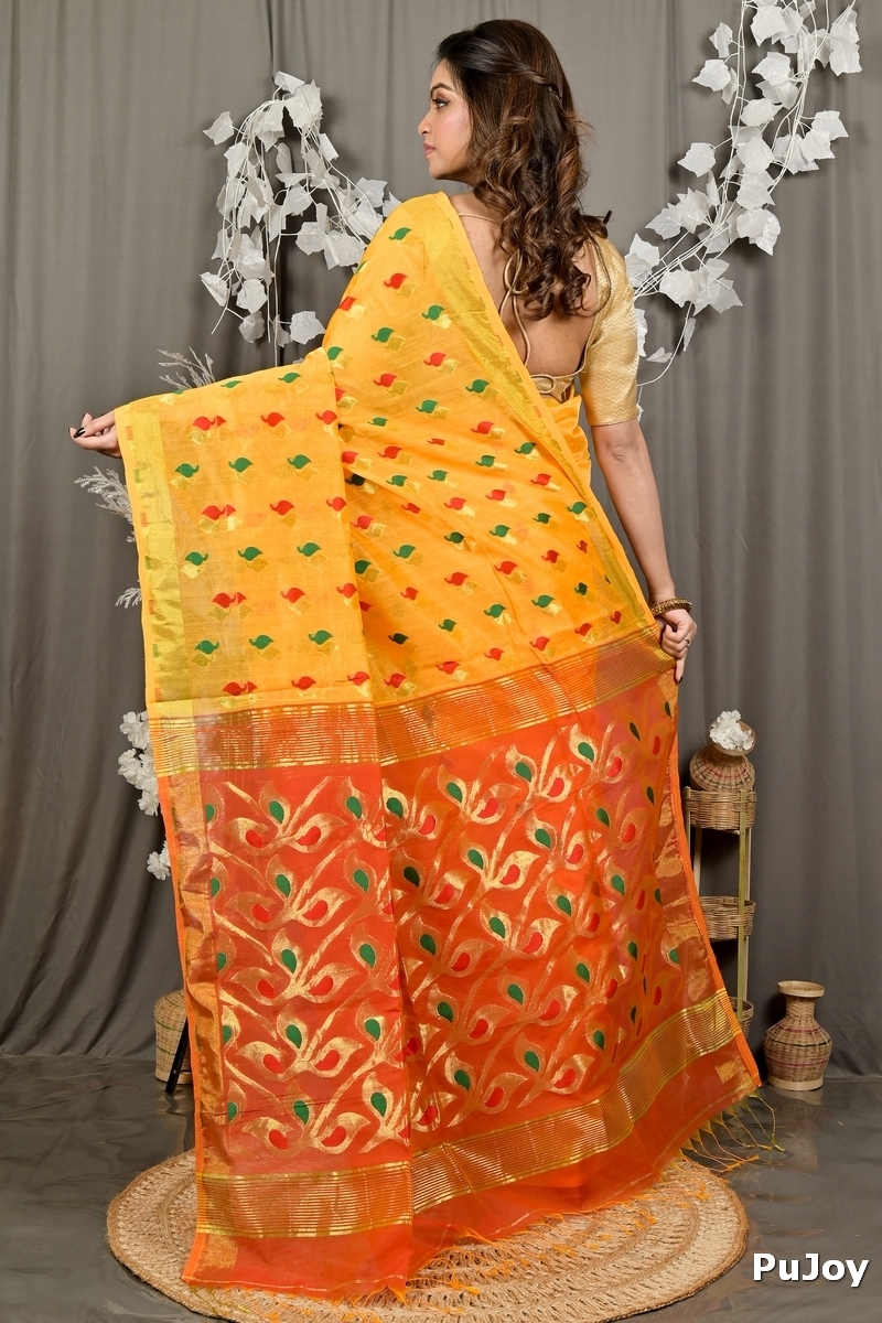 Yellow Red Cotton Blend Dhrum Hand Loom Saree (2988)