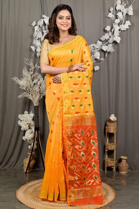 Yellow Red Cotton Blend Dhrum Hand Loom Saree (2988)