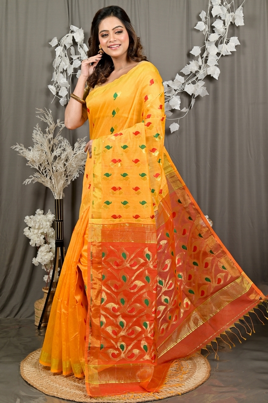 Yellow Red Cotton Blend Dhrum Hand Loom Saree (2988)