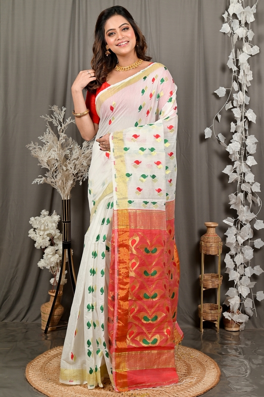 White Red Cotton Blend Dhrum Hand Loom Saree (2989)