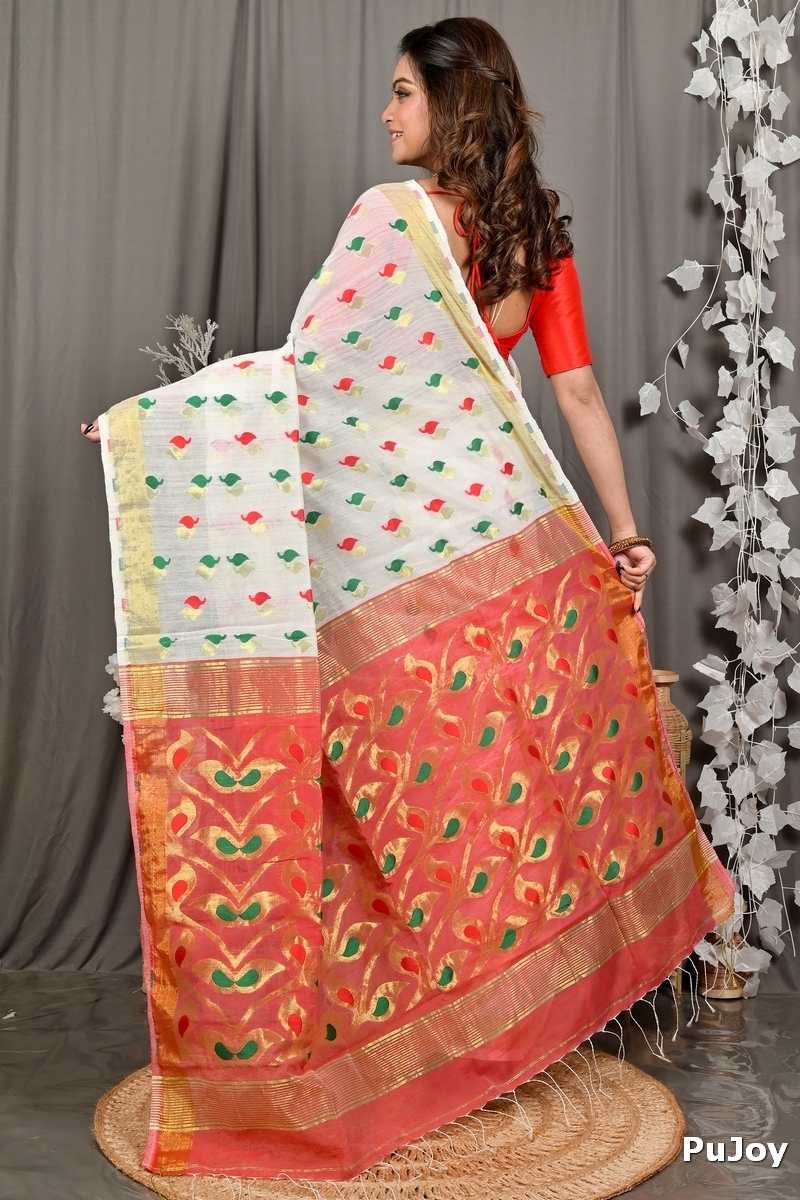 White Red Cotton Blend Dhrum Hand Loom Saree (2989)