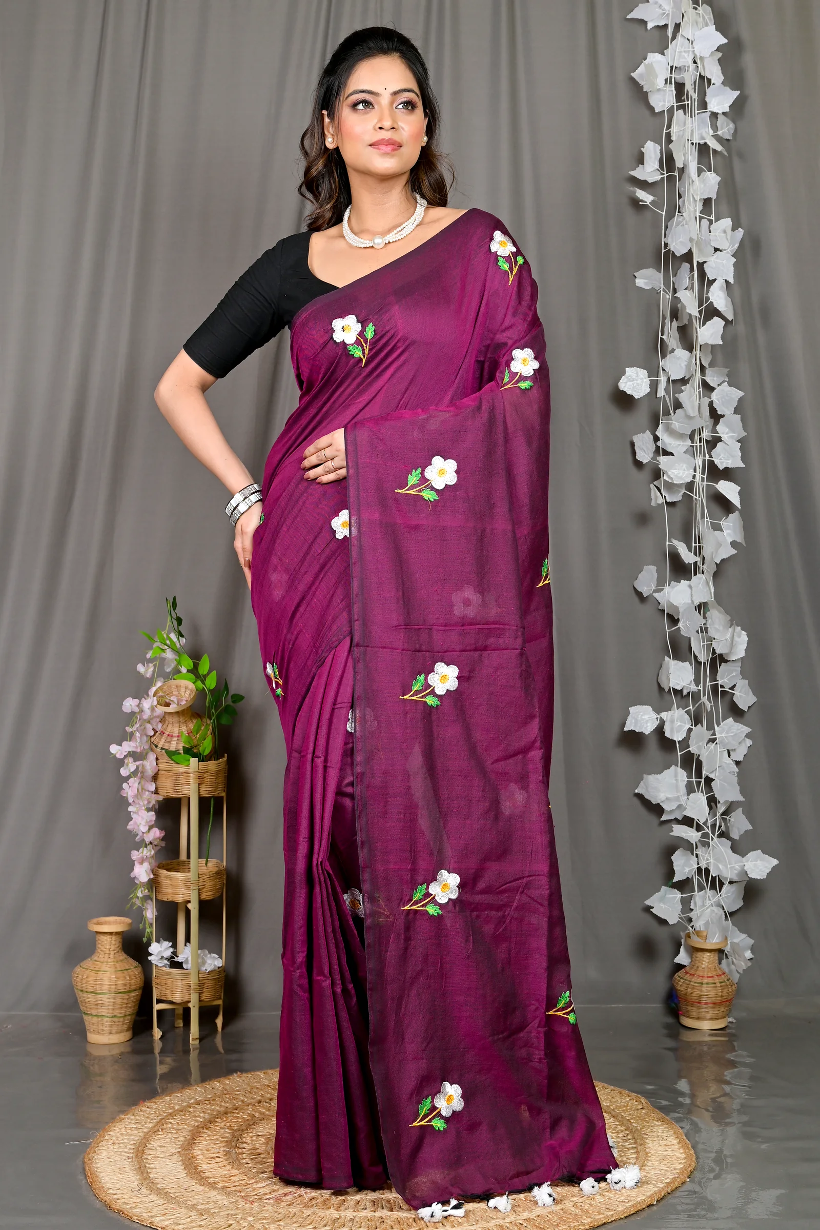 Violet Pure Cotton Paray Embroidery Handloom saree (299)