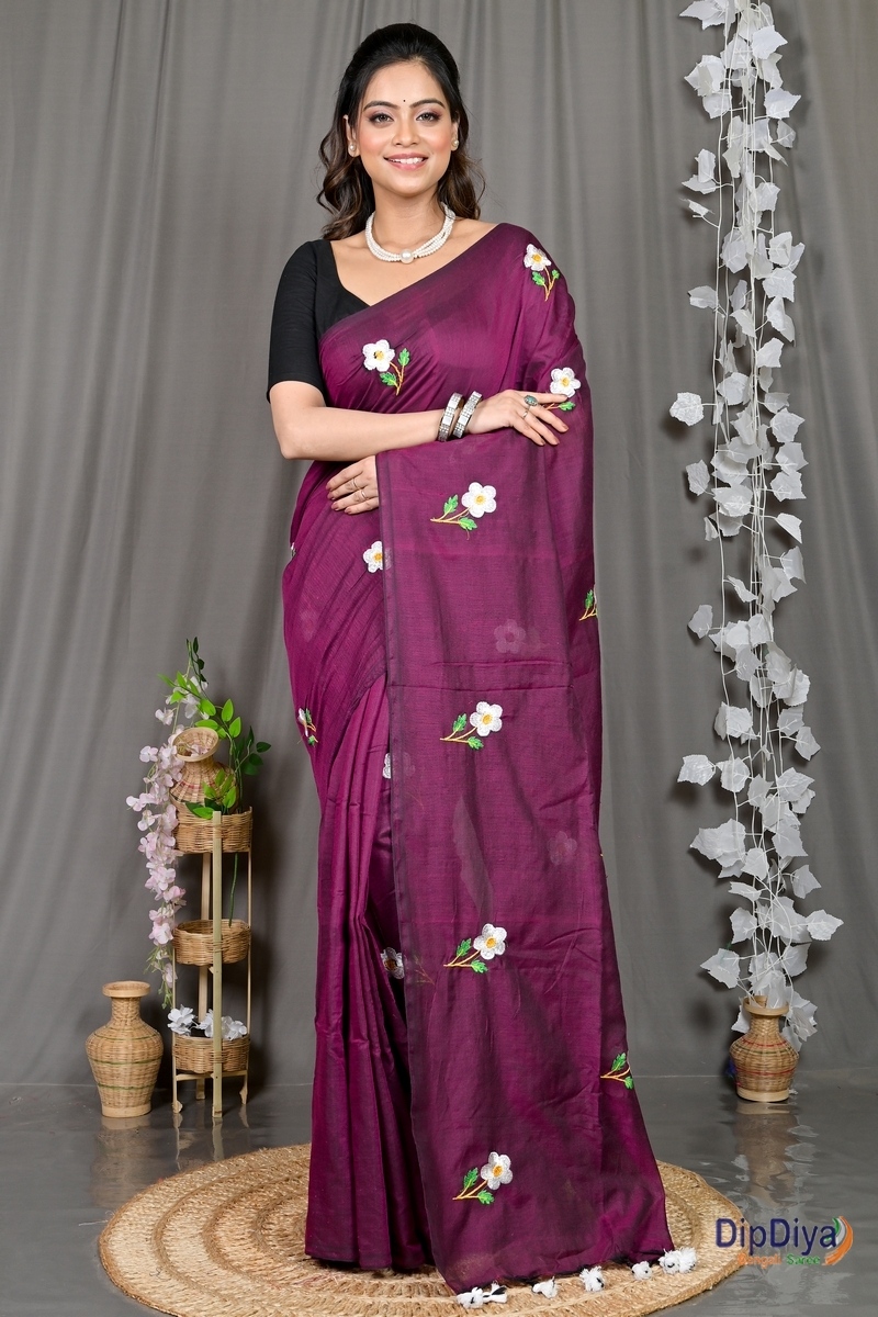 Violet Pure Cotton Paray Embroidery Handloom saree (299)