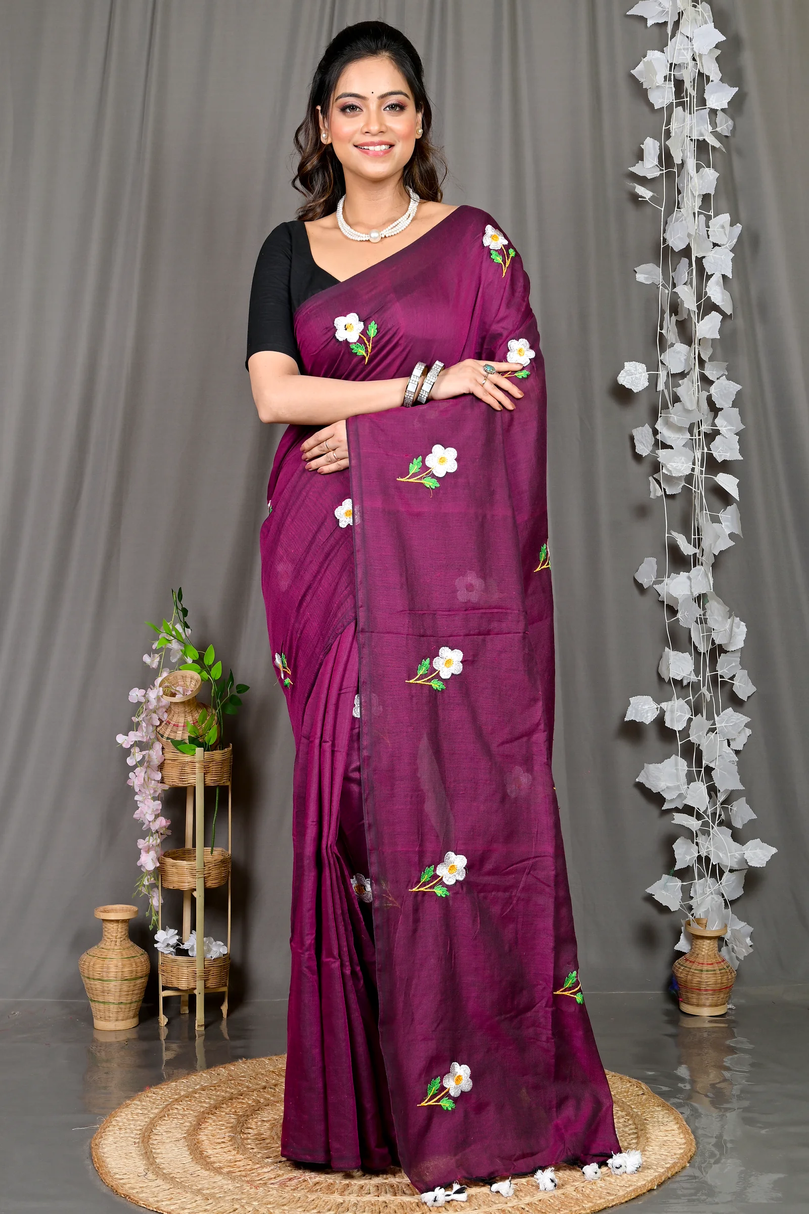 Violet Pure Cotton Paray Embroidery Handloom saree (299)