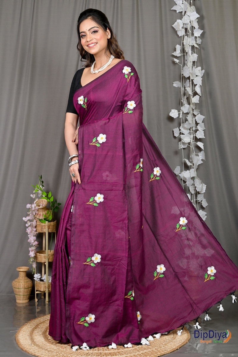 Violet Pure Cotton Paray Embroidery Handloom saree (299)