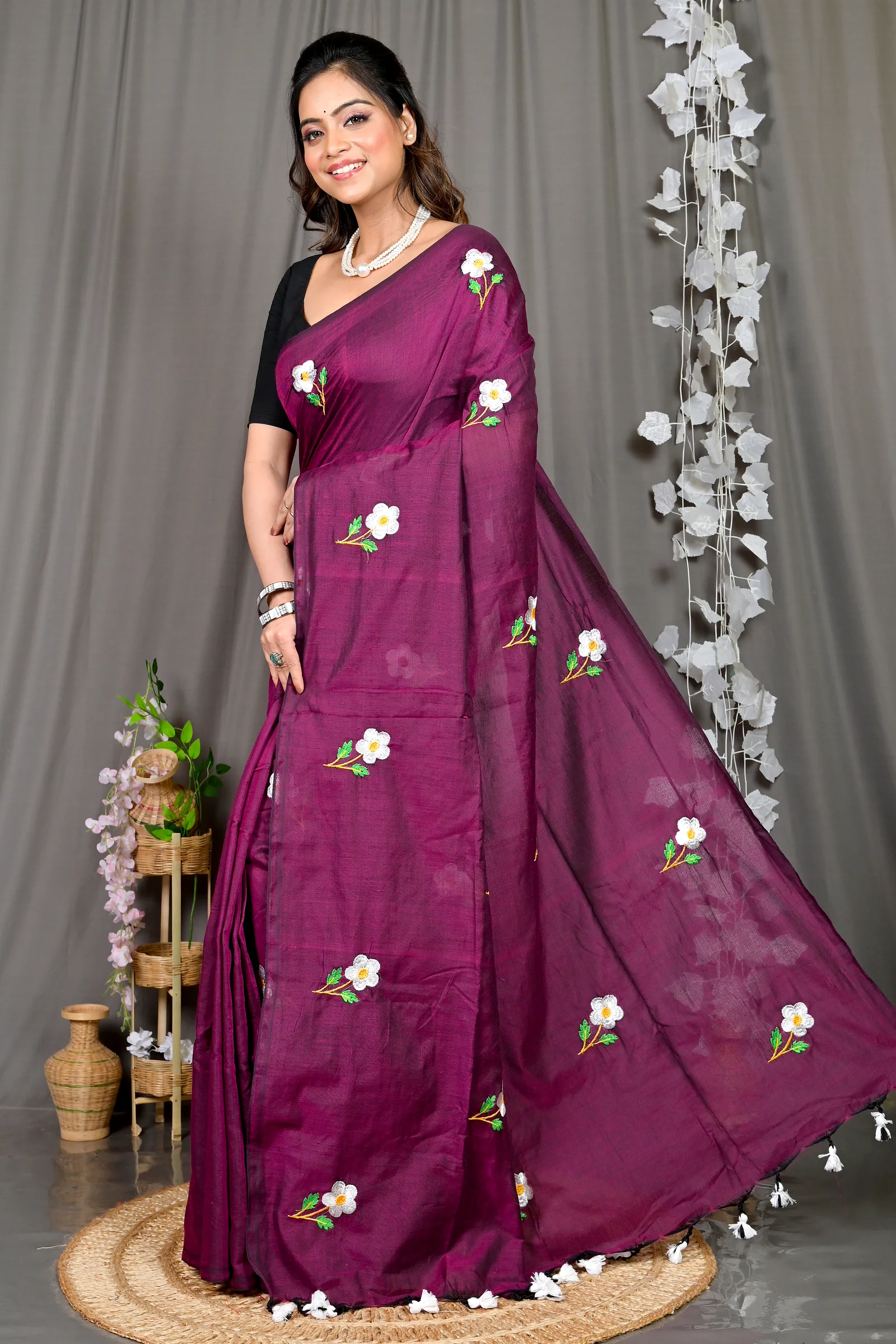 Violet Pure Cotton Paray Embroidery Handloom saree (299)