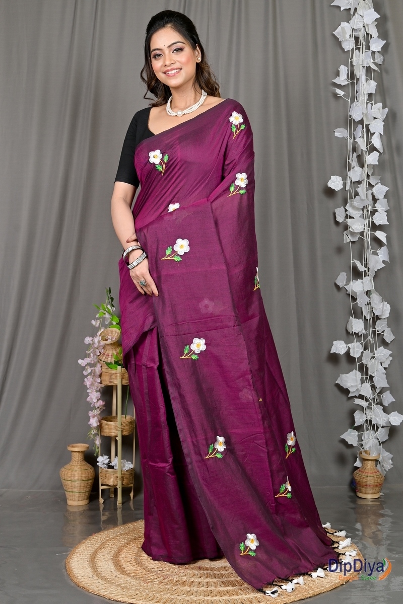 Violet Pure Cotton Paray Embroidery Handloom saree (299)