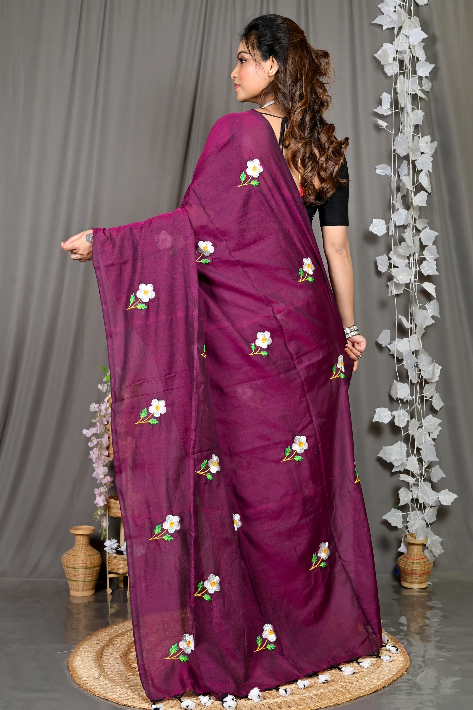 Violet Pure Cotton Paray Embroidery Handloom saree (299)