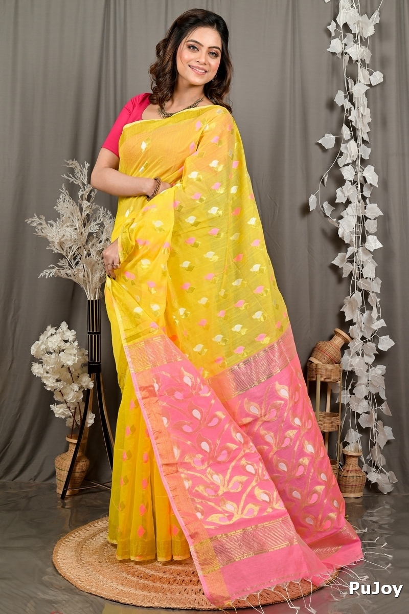 Yellow Pink Cotton Blend Dhrum Hand Loom Saree (2991)