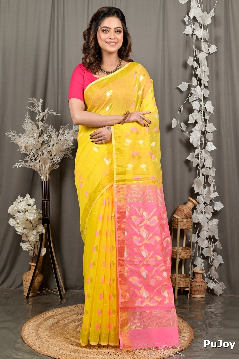 Yellow Pink Cotton Blend Dhrum Hand Loom Saree (2991)