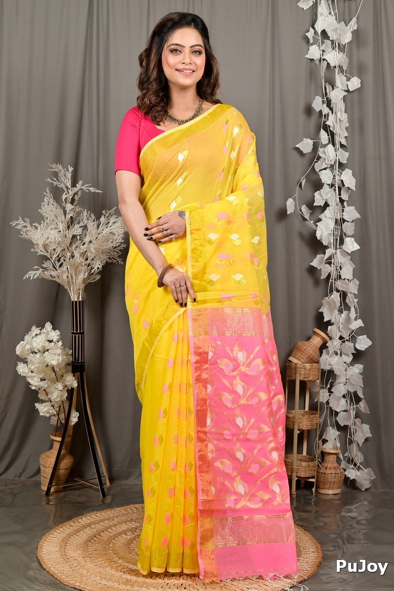 Yellow Pink Cotton Blend Dhrum Hand Loom Saree (2991)