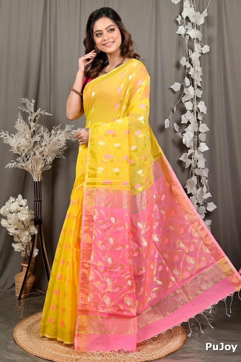 Yellow Pink Cotton Blend Dhrum Hand Loom Saree (2991)