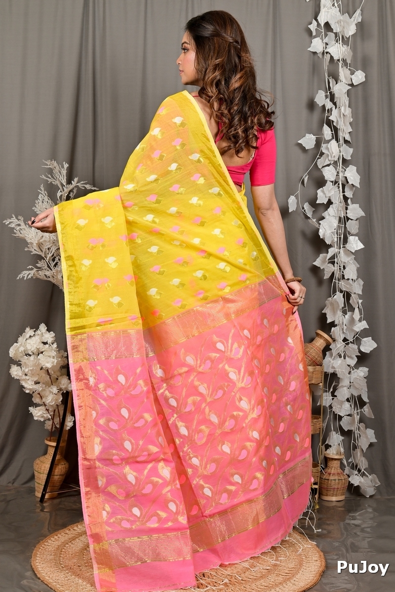 Yellow Pink Cotton Blend Dhrum Hand Loom Saree (2991)