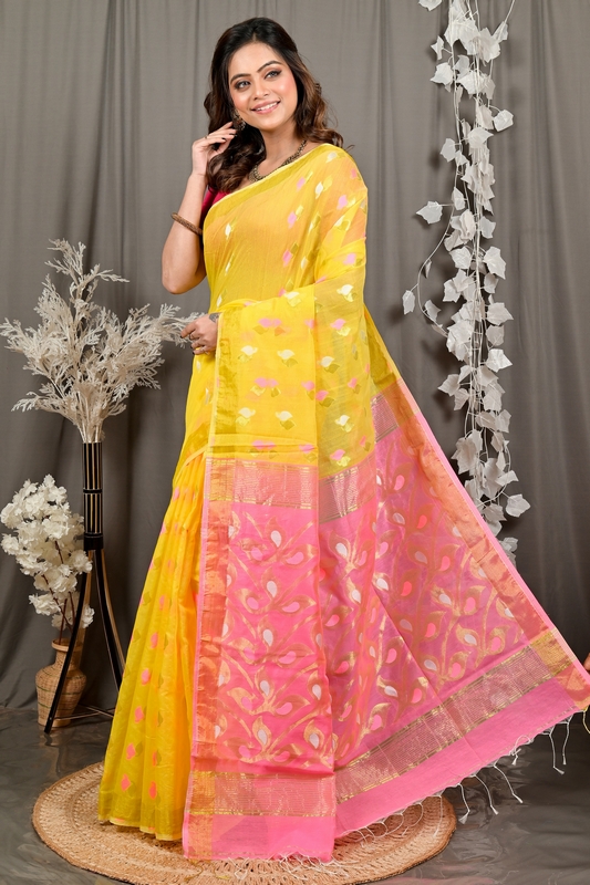 Yellow Pink Cotton Blend Dhrum Hand Loom Saree (2991)