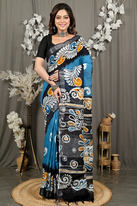 Sky Blue Black Pure Cotton Dinesi Batik Print Saree (2992)
