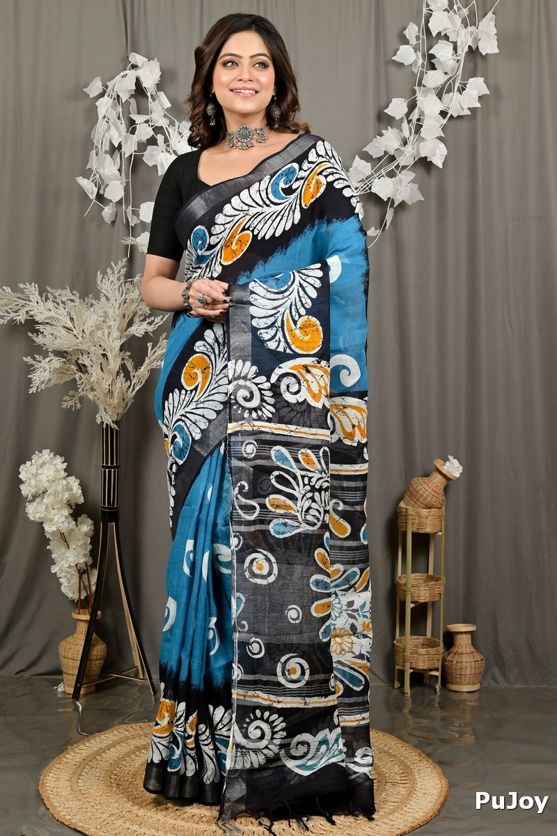 Sky Blue Black Pure Cotton Dinesi Batik Print Saree (2992)