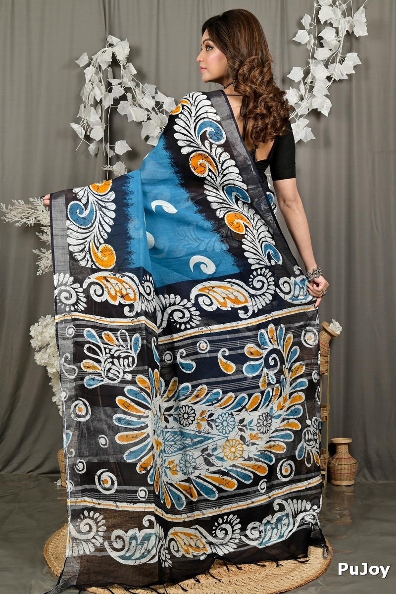 Sky Blue Black Pure Cotton Dinesi Batik Print Saree (2992)
