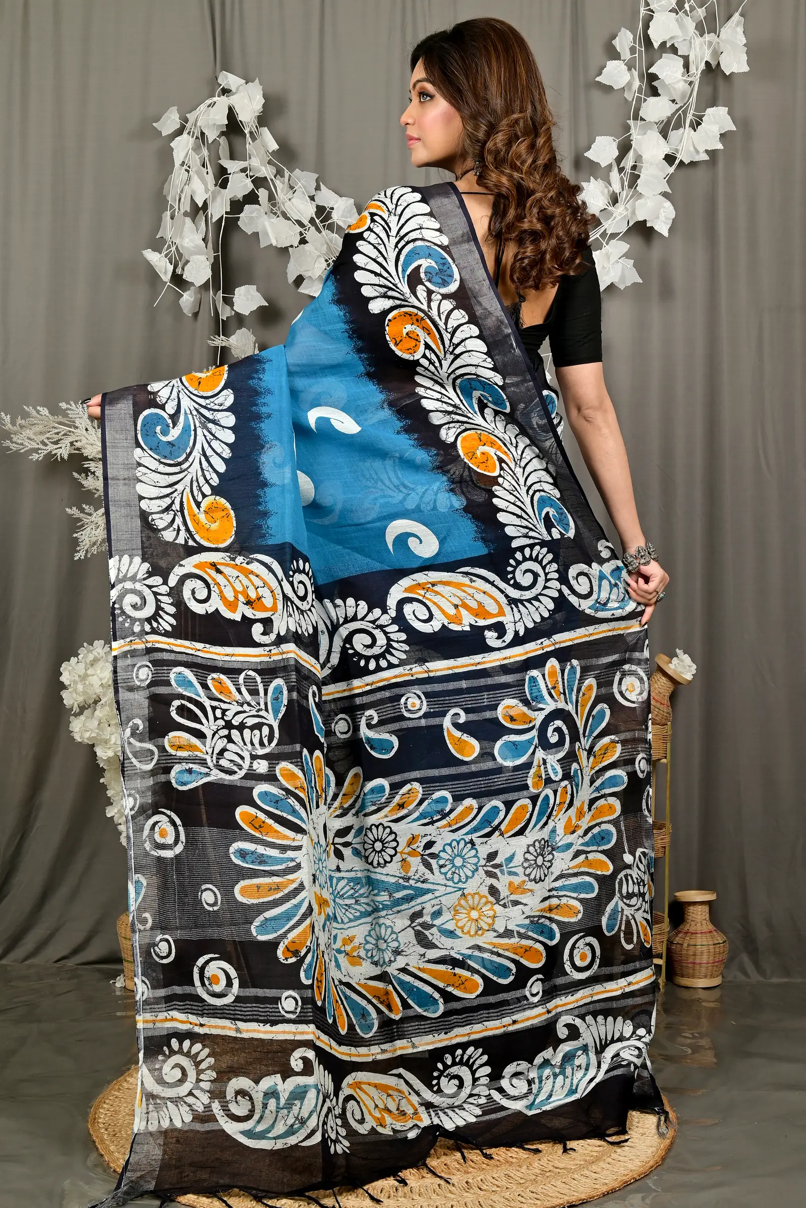 Sky Blue Black Pure Cotton Dinesi Batik Print Saree (2992)